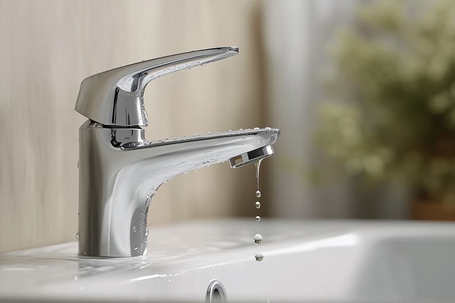 A dripping ceramic disc tap on a bathroom sink.